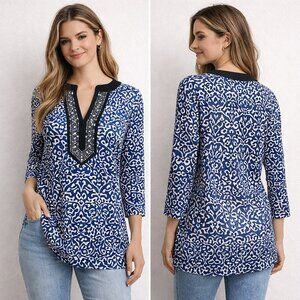 Charter club blue, white, black 3/4 sleeve tunic - medium